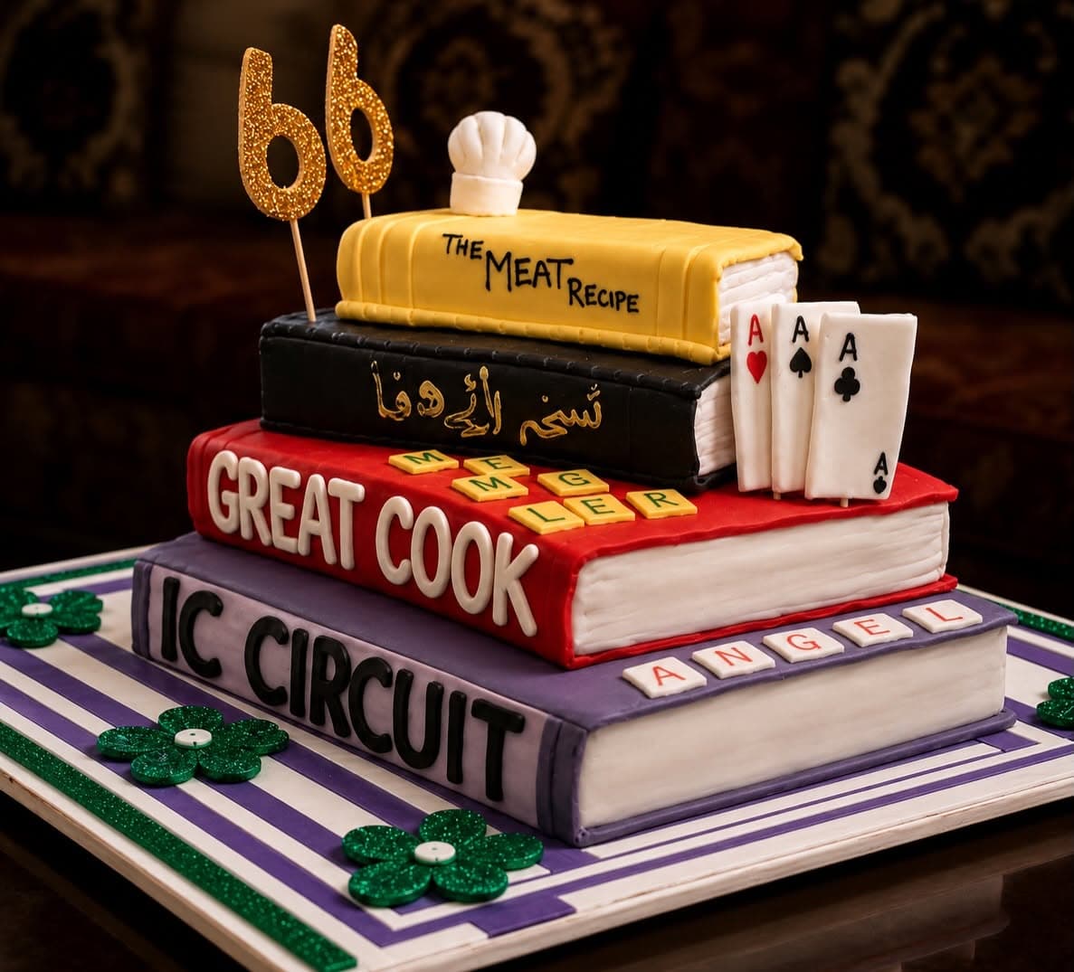 Detailed book-shaped custom celebration cake